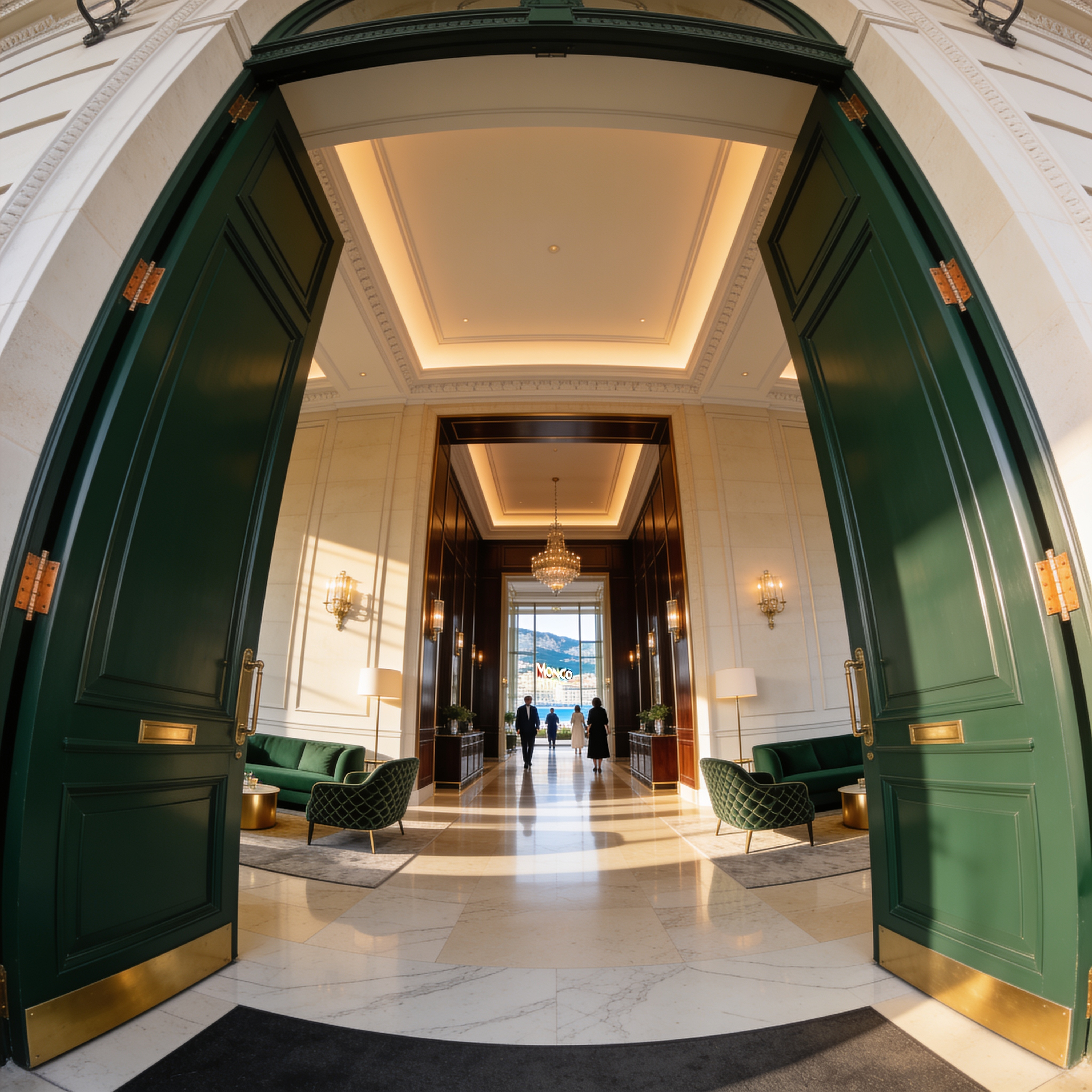 Green doors opening onto the aerial threshold interior